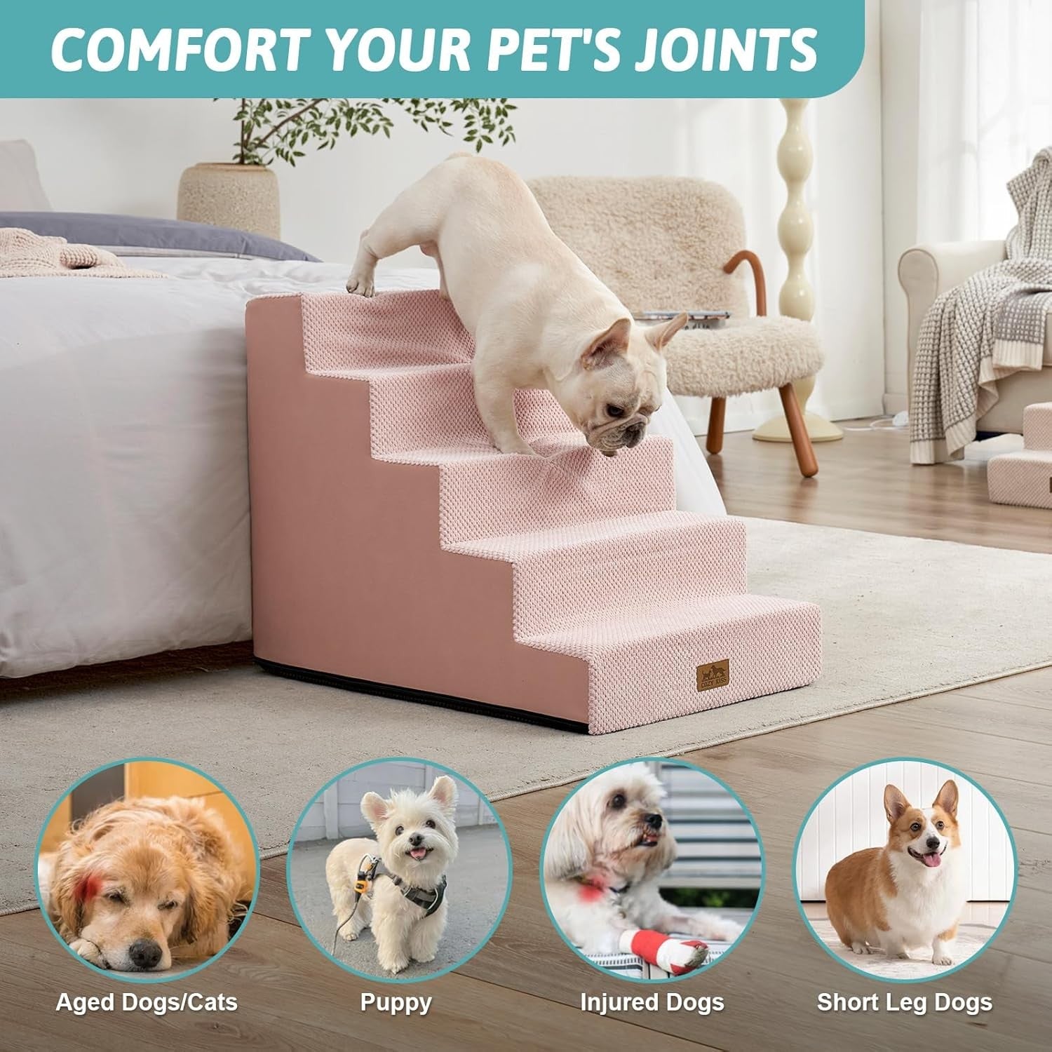 Wide Dog Stairs Non-Slip Pet Steps for Small Dogs Cats Puppy 50x75x60cm Pink