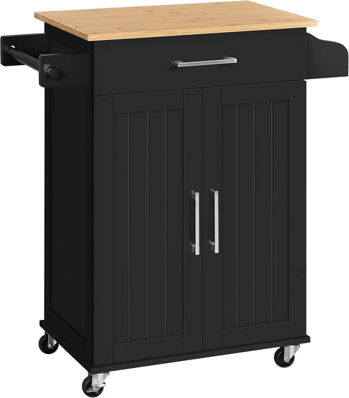 Rolling Kitchen Storage Trolley with Bamboo Top, Lockable Wheels & Spice Rack