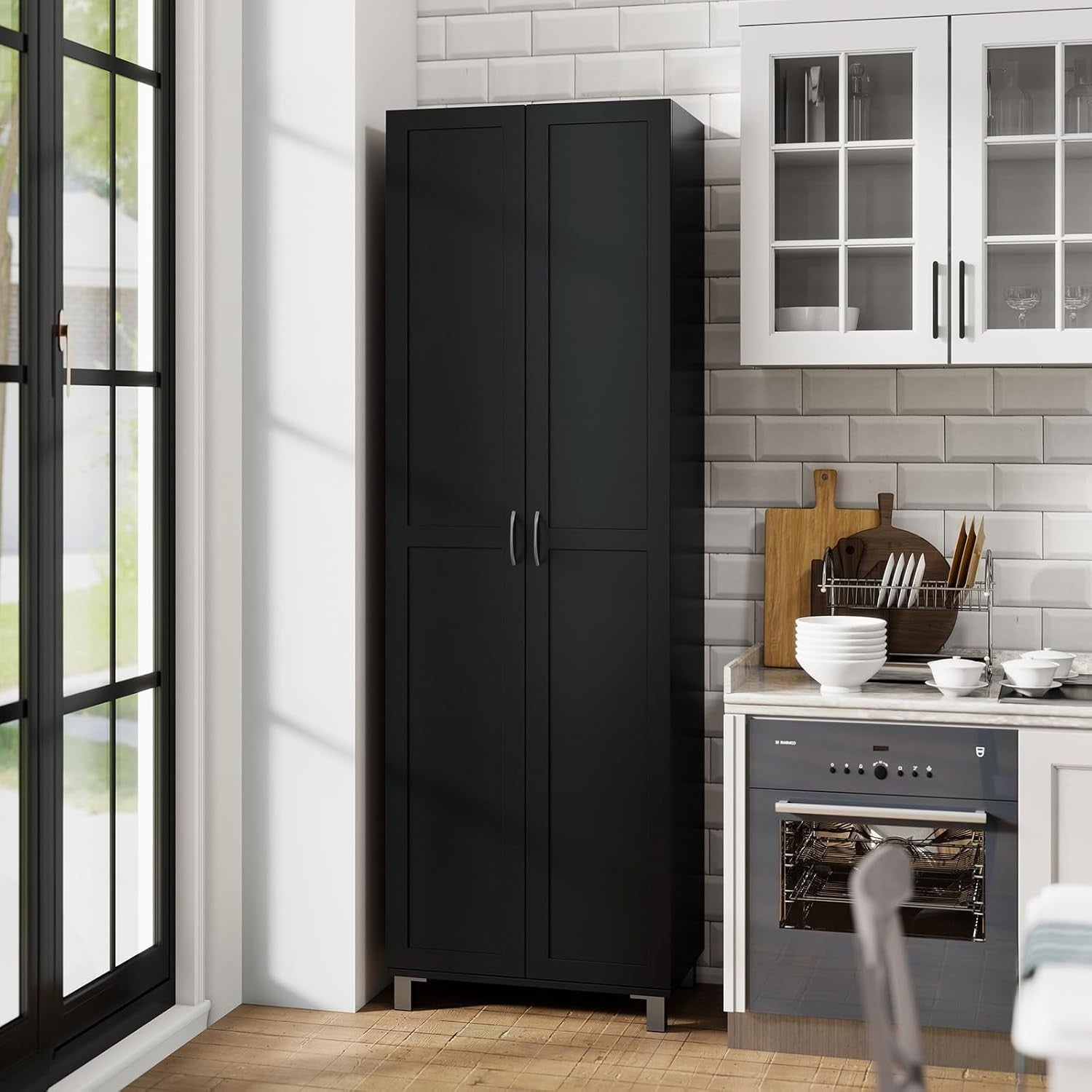 Tall Black Kitchen Cupboard 2 Door Storage Cabinet  Adjustable Shelves