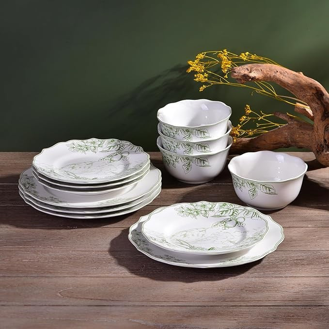 12pc White Green Porcelain Dinnerware Set Floral Plates Bowls Service for 4
