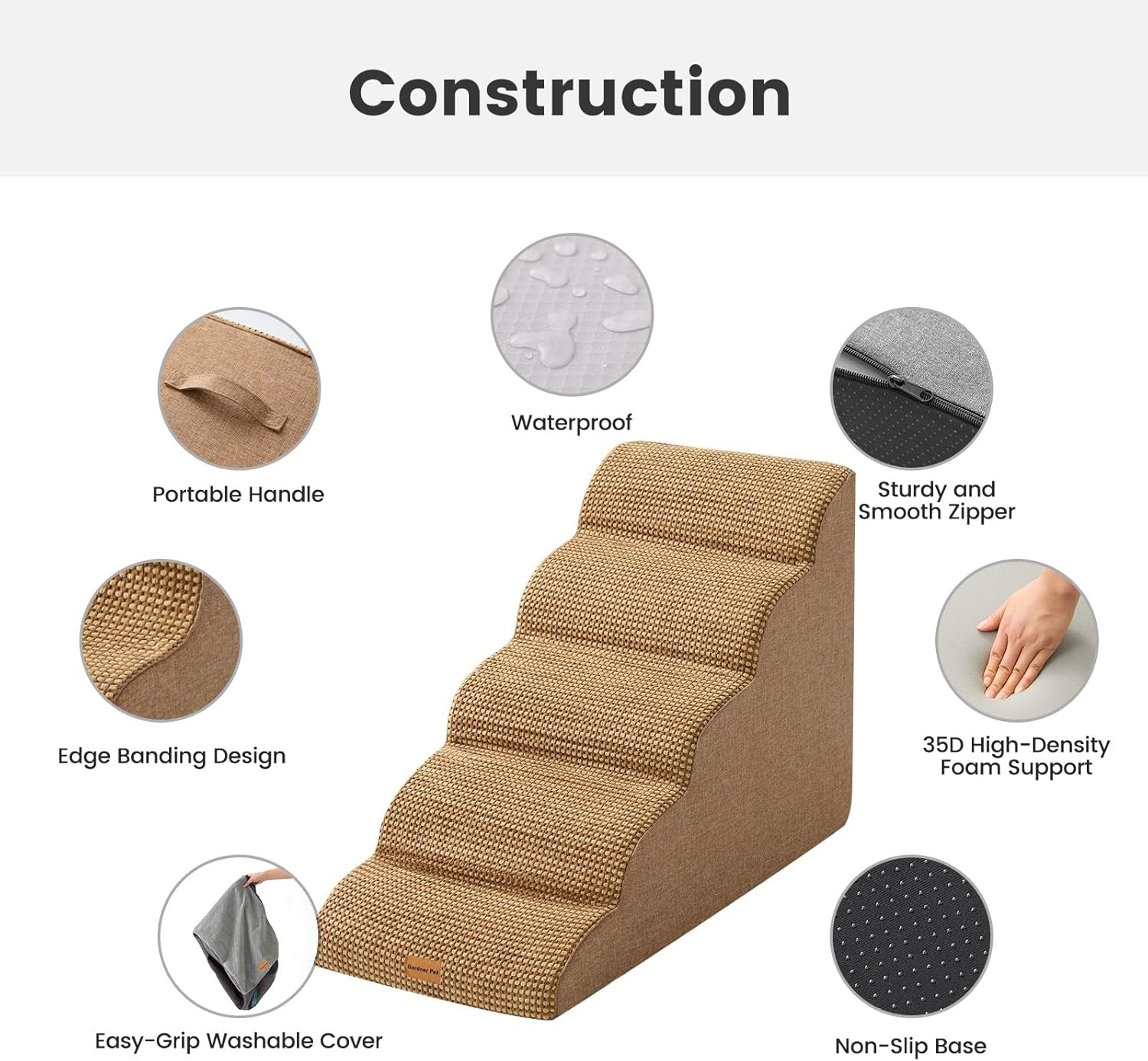 5 Step Dog Stairs Pet Ramp for Bed Sofa Non Slip Washable Brown
