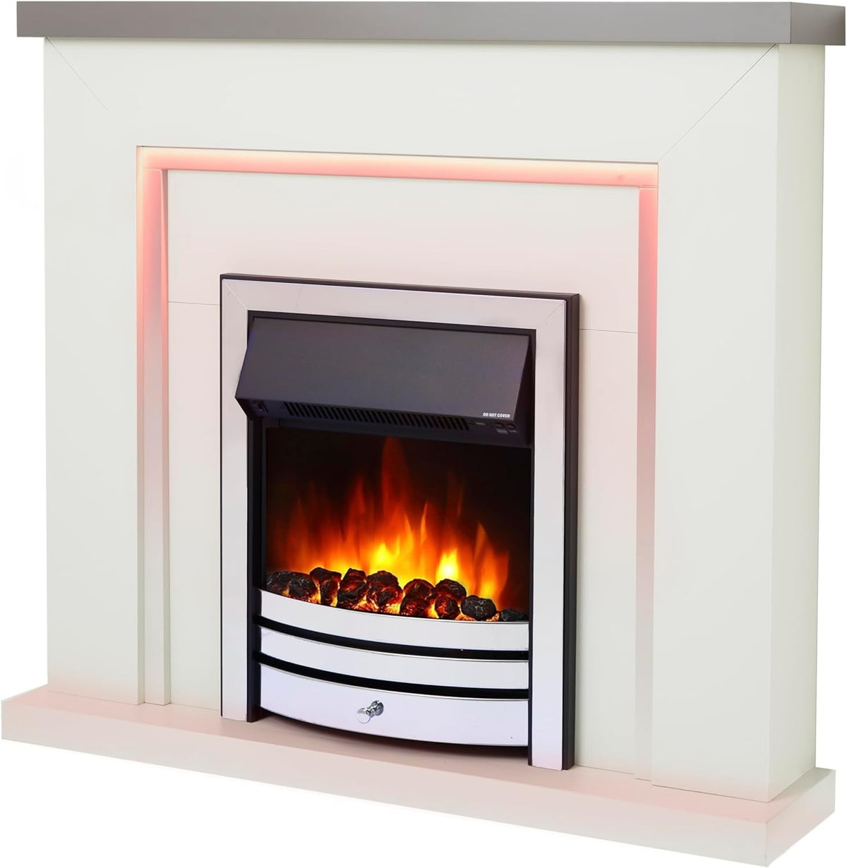 Electric Fireplace Suite 42" LED Flame Fire Remote White Grey Chrome