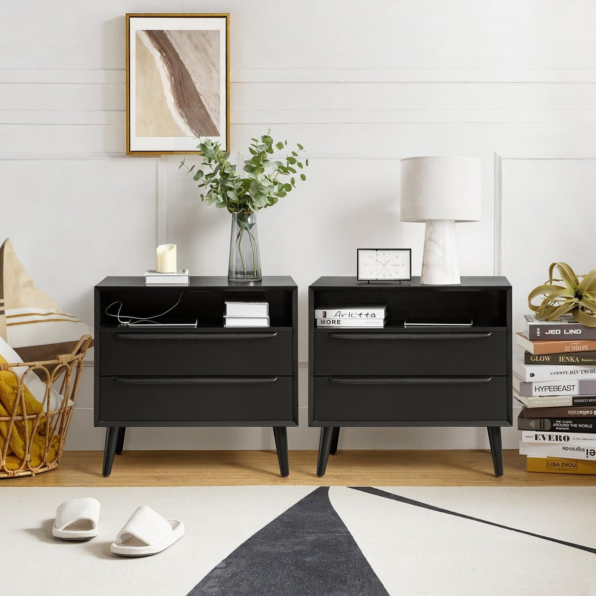 Set of 2 Black Wooden Bedside Tables with Drawers & Shelf – Mid-Century Modern