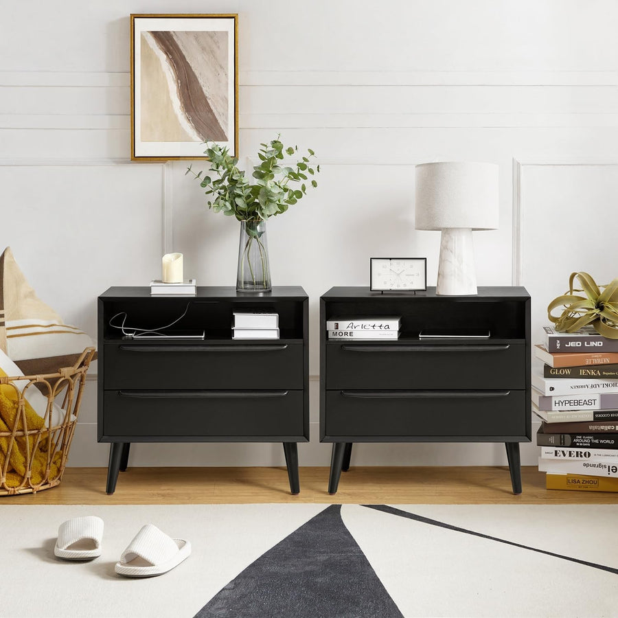 Set of 2 Black Wooden Bedside Tables with Drawers & Shelf – Mid-Century Modern