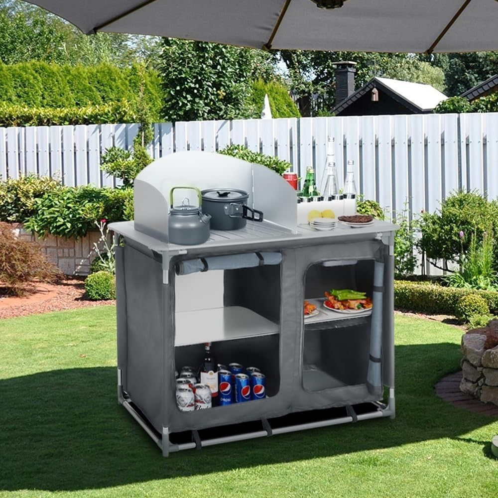 Portable Outdoor Camping Kitchen Cabinet with Windshield & 4 Shelves Storage