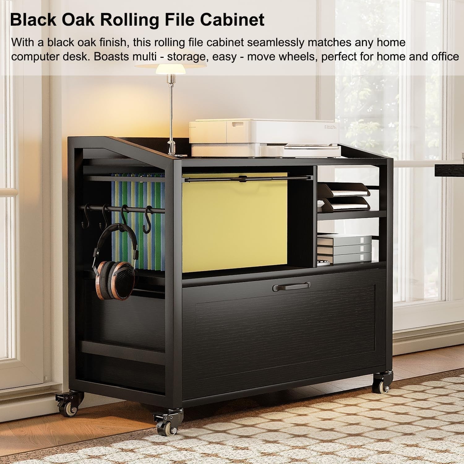 Black Oak Rolling Lateral File Cabinet Printer Stand Legal Letter