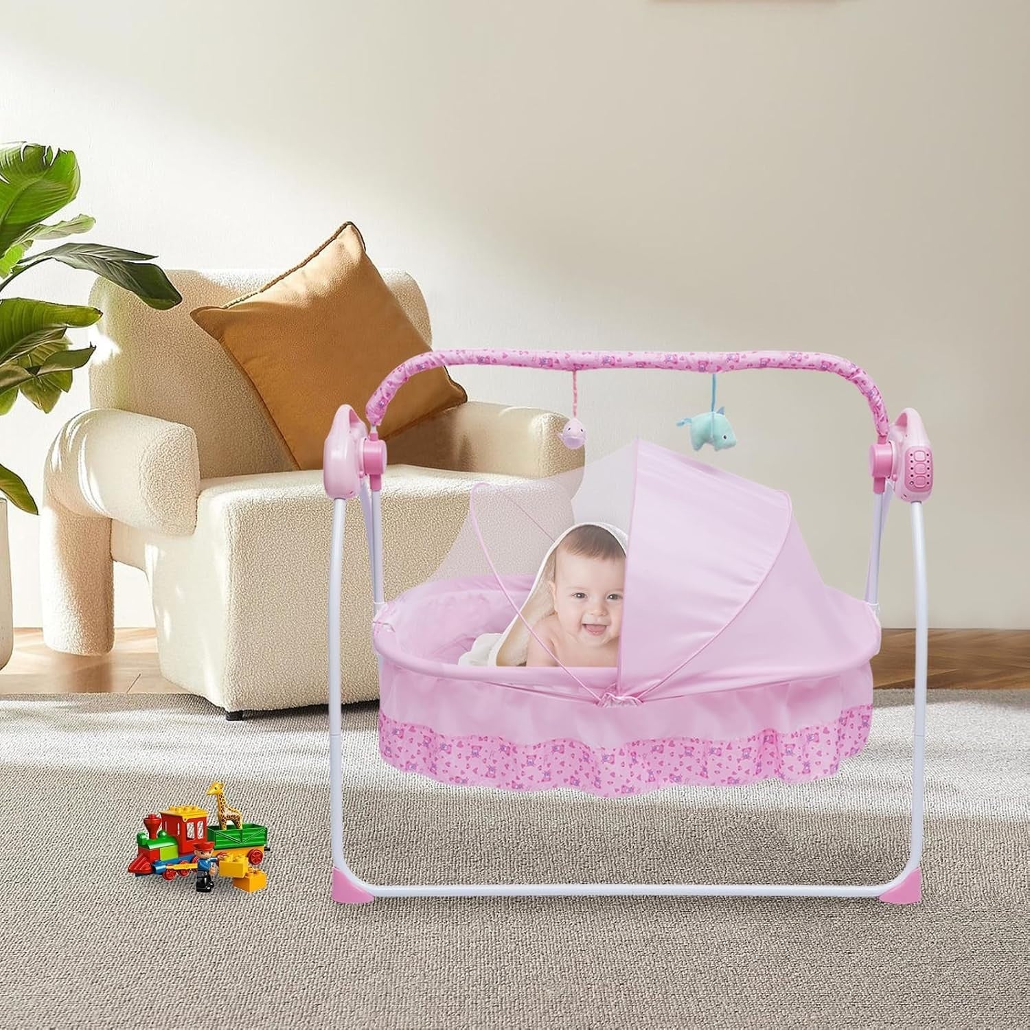 Electric Baby Cradle Swing with Music Timer Remote Travel Bassinet Pink