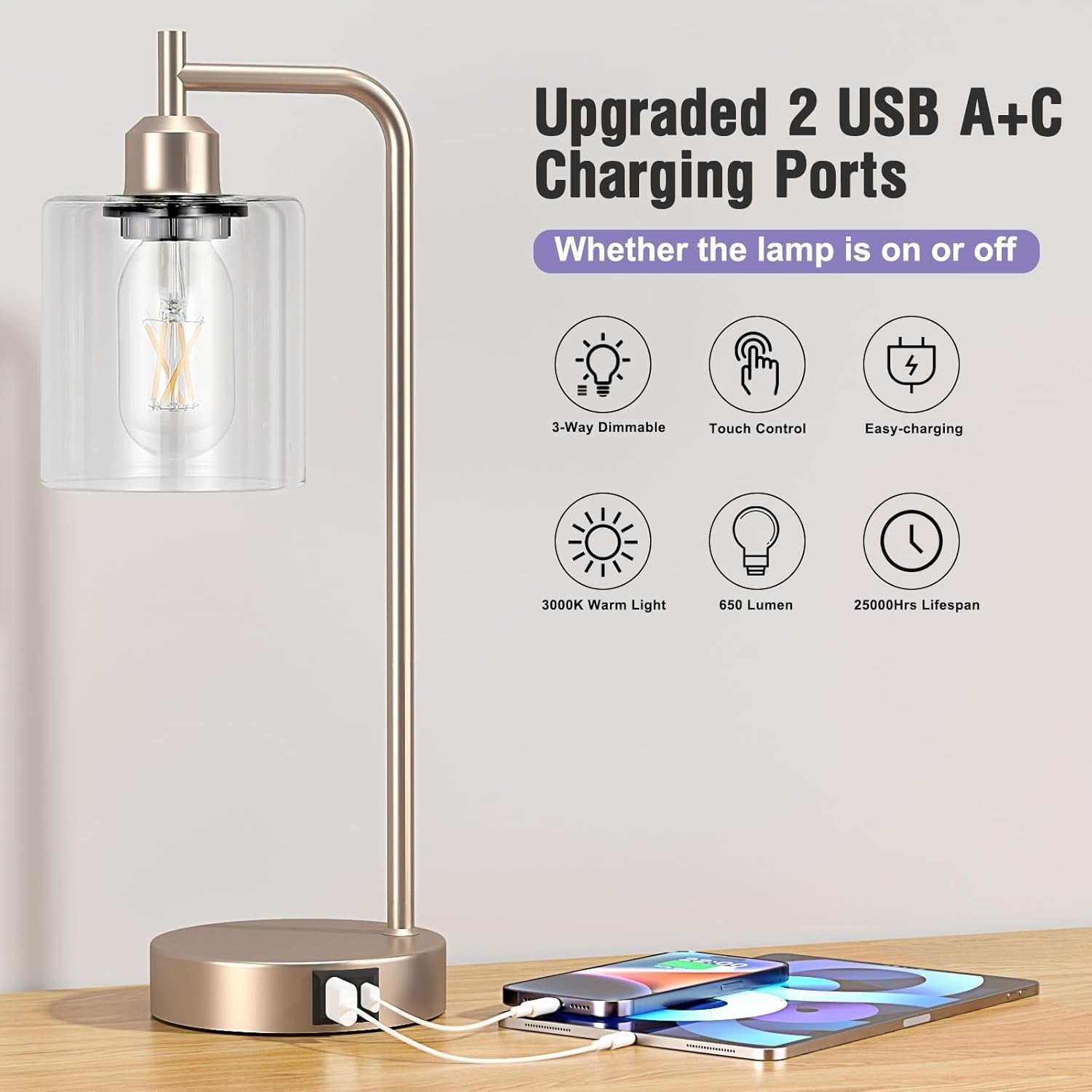 Champagne Gold Touch Table Lamps Set of 2 USB Dimmable Clear Glass