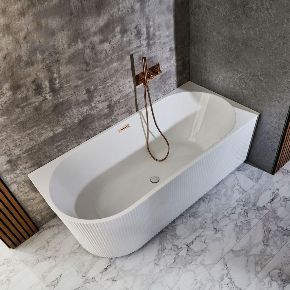 White Right Hand Fluted Corner Bath 1700x800mm Copper Overflow