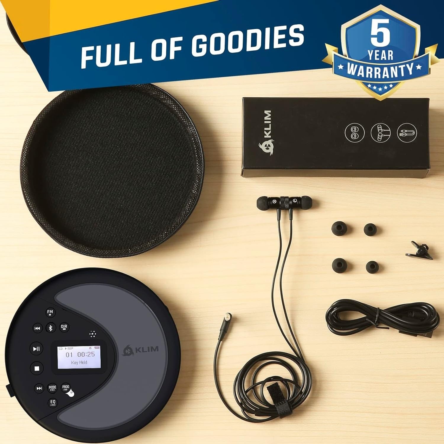 Portable CD Player for Car Bluetooth FM Transmitter SD Card w/ Headphones