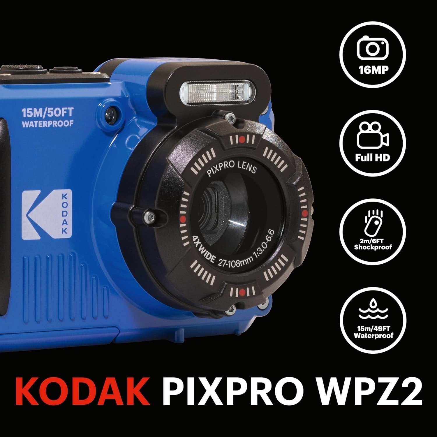 Waterproof Digital Camera 16MP 4X Zoom HD 720P Shockproof Blue Kit