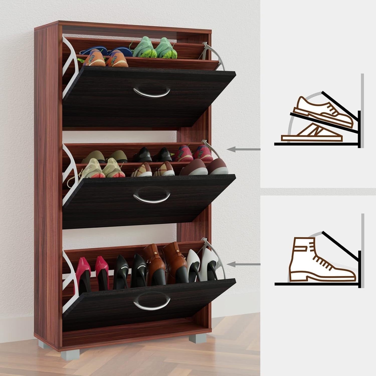 3 Door Shoe Storage Cabinet Wenge Black | Slim Modern Hallway Cupboard 115x60x24