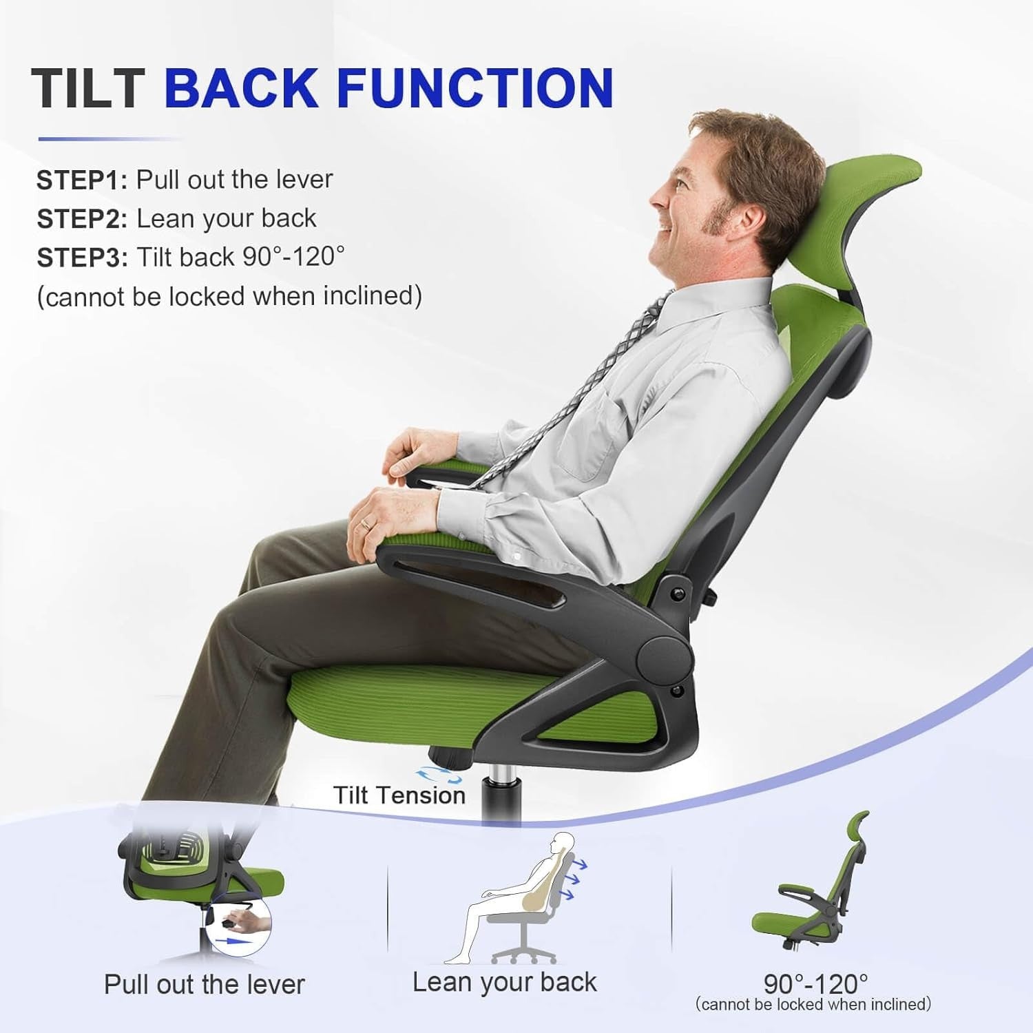 Ergonomic High Back Office Chair Mesh Flip-Up Arms Adjustable Lumbar Green