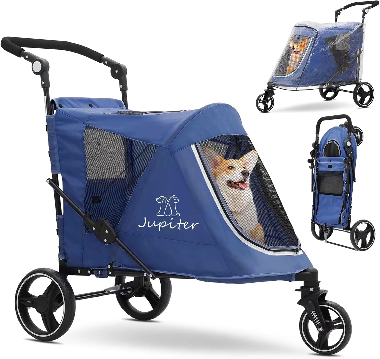 3 Wheel Dog Stroller Pushchair Foldable Pet Pram 30kg Blue