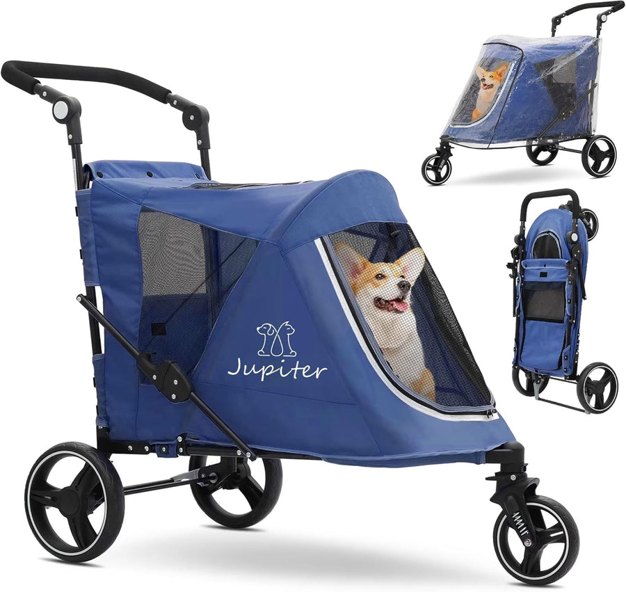 3 Wheel Dog Stroller Pushchair Foldable Pet Pram 30kg Blue
