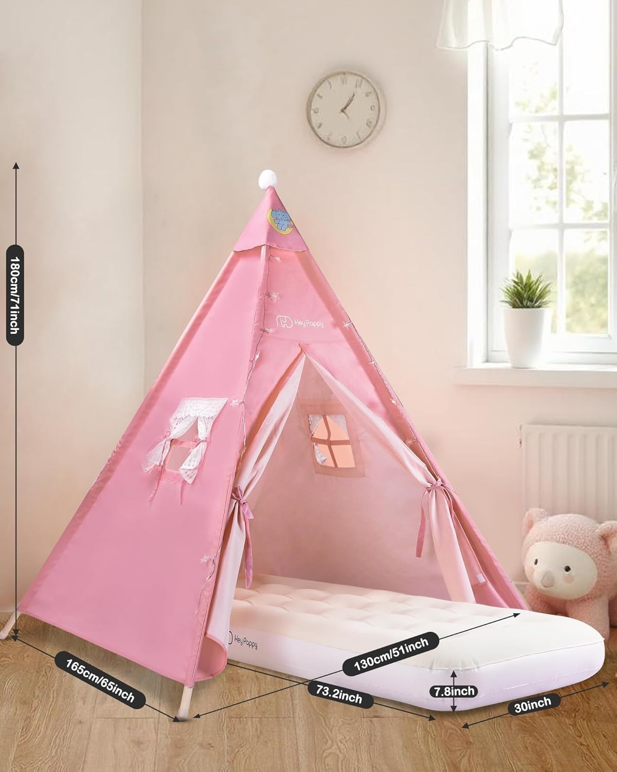 Kids Teepee Tent with Inflatable Airbed, Lights & Balloons – Pink Playhouse