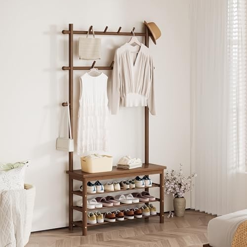 6-in-1 Bamboo Hall Tree with Bench, Shoe & Coat Rack for Entryway Mudroom