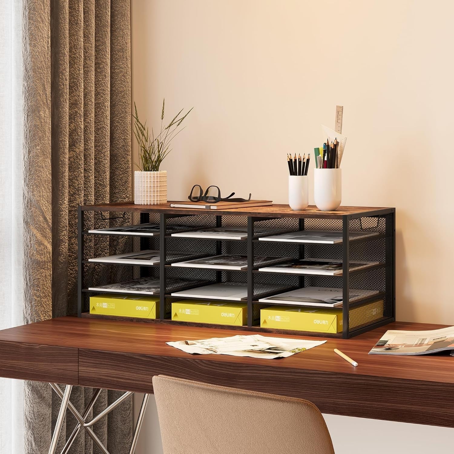 Metal & Wood Desk Paper Organizer 12 Compartments A4 Sorter