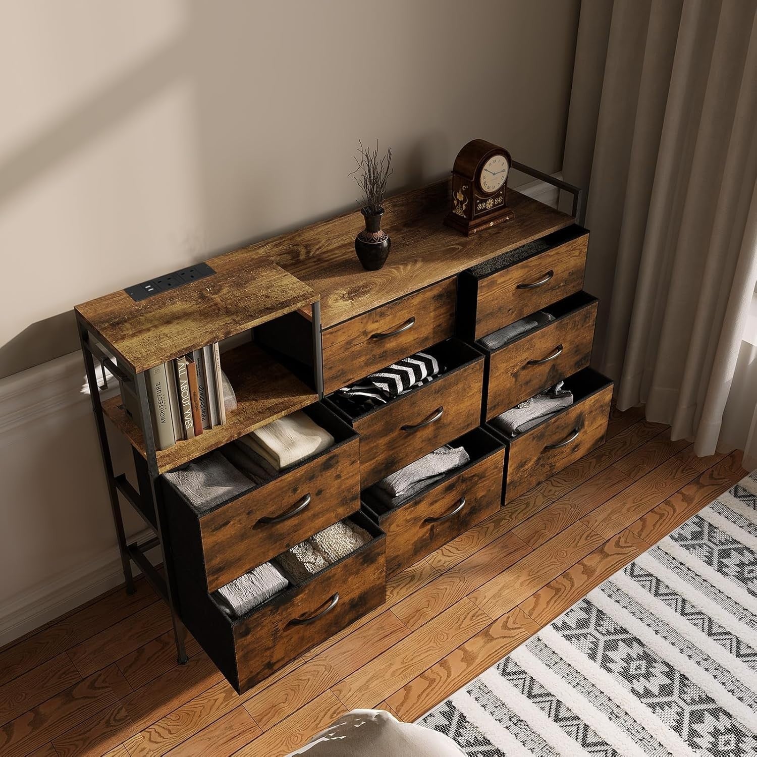 8 Drawer Fabric Chest with USB & Power Ports Vintage Wood Storage Cabinet