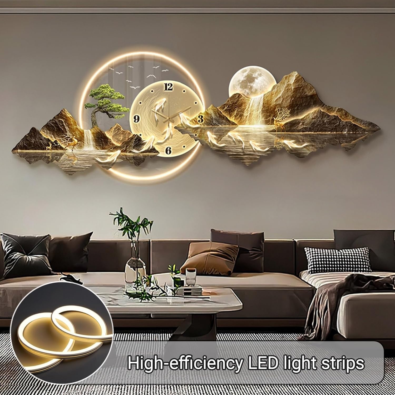 Luxury LED Mountain Wall Art Clock 3D Gold Landscape Decor Large 50x150cm