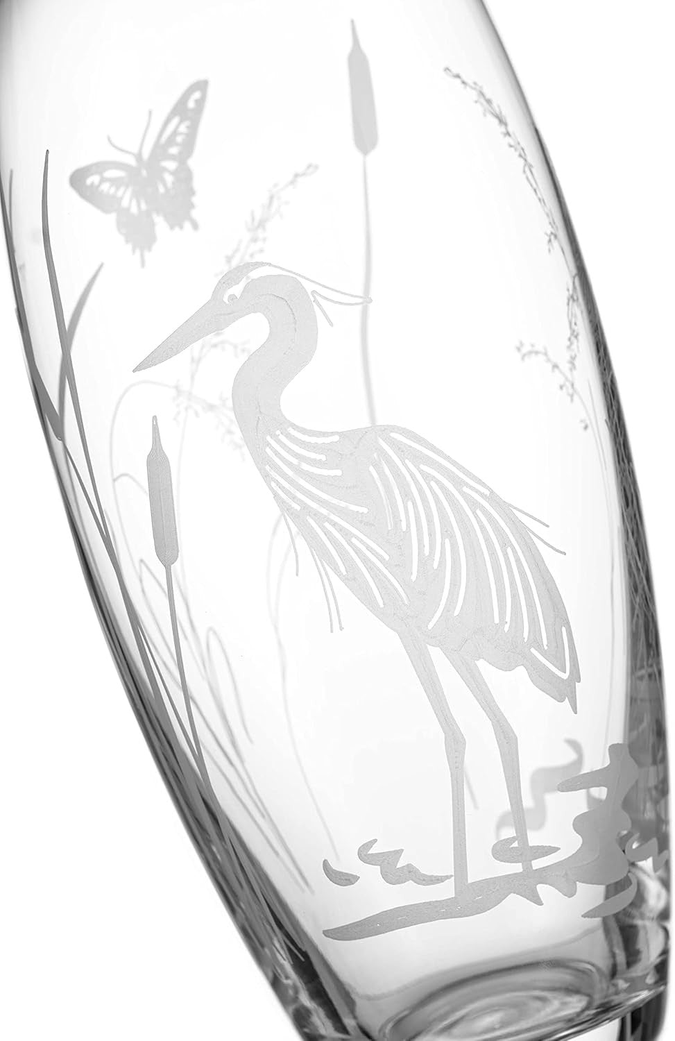 Crystal Glass Flower Vase 30cm Tall Etched Heron Bird Home Décor Gift