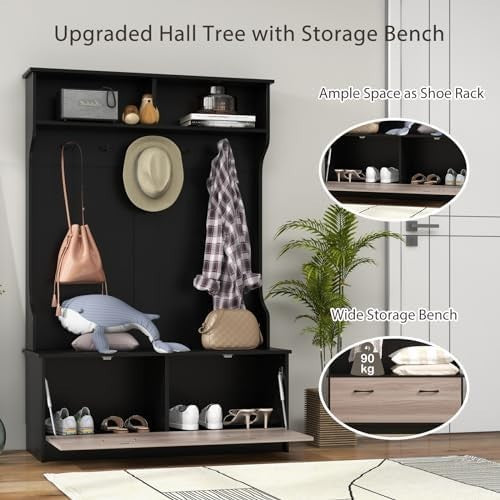 Freestanding Coat Rack with Shoe Bench & Hooks for Hallway Entryway Home