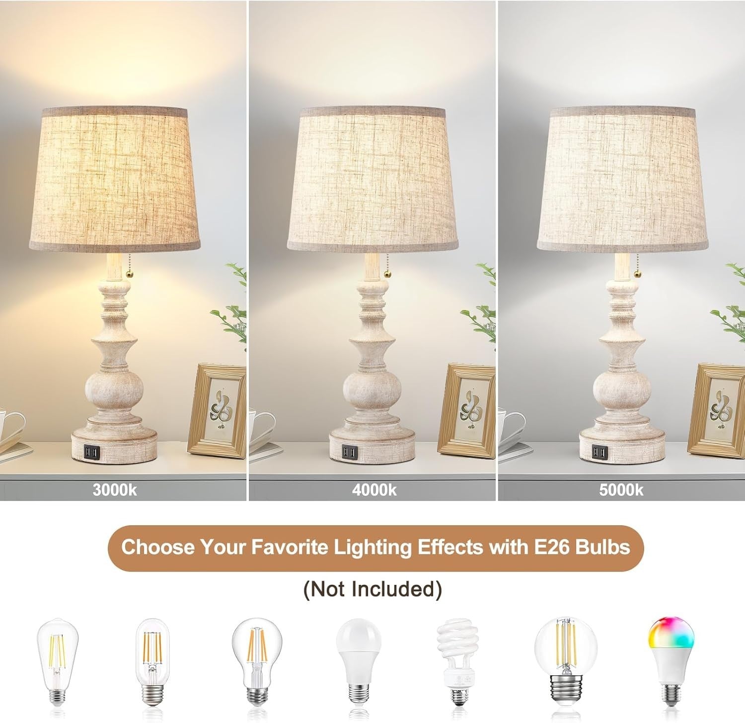 Rustic Farmhouse Table Lamps with USB Ports Set of 2 26cm Perfect Light0