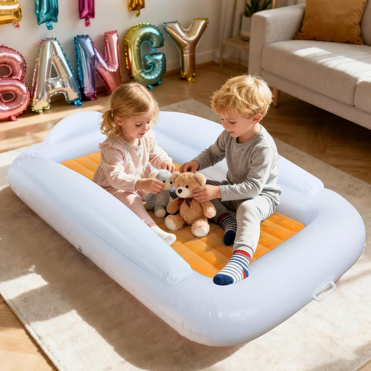 Inflatable Toddler Travel Bed 63” Kids Air Mattress with Safety Bumpers