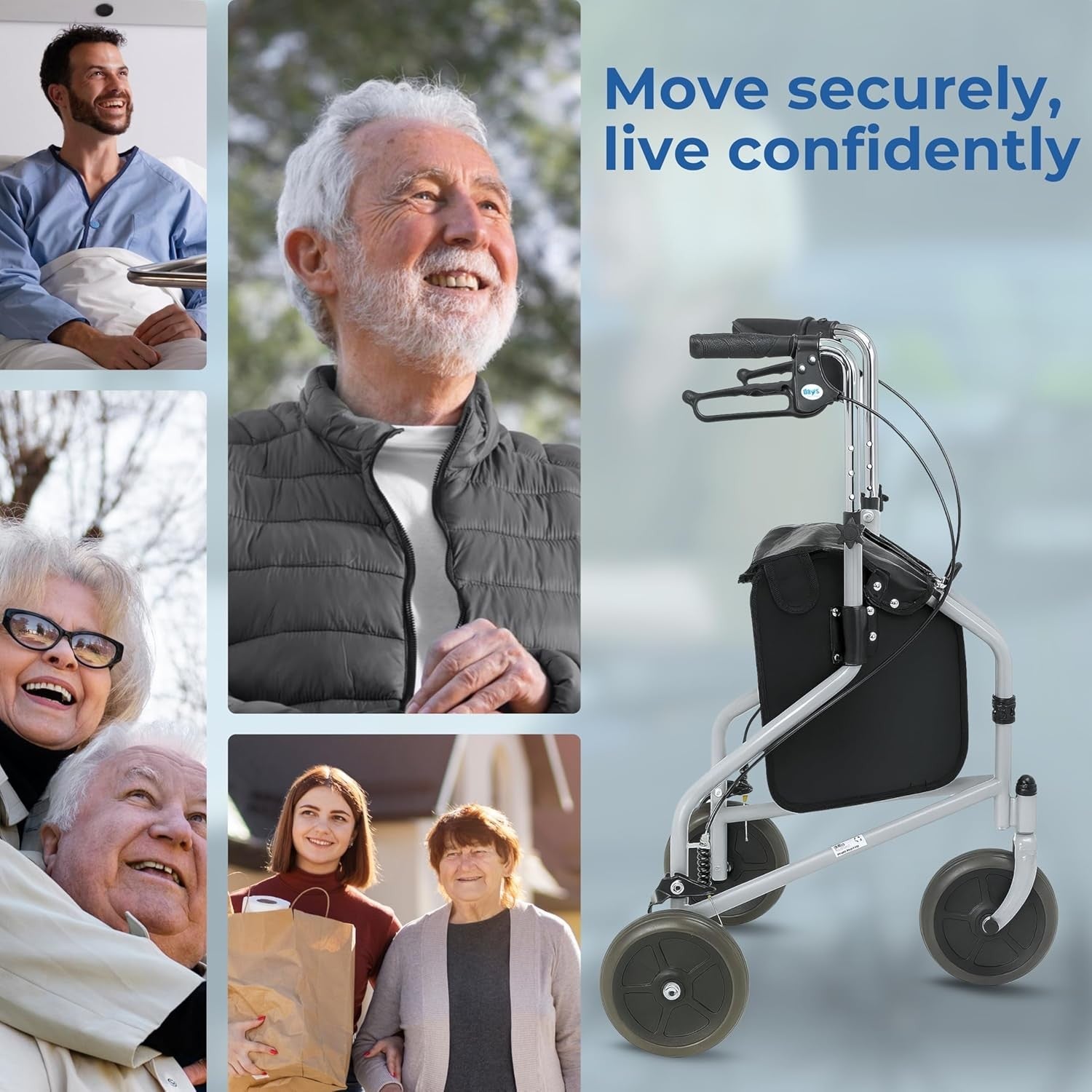 3 Wheel Rollator Walker Lightweight Folding Mobility Aid Lockable Brakes