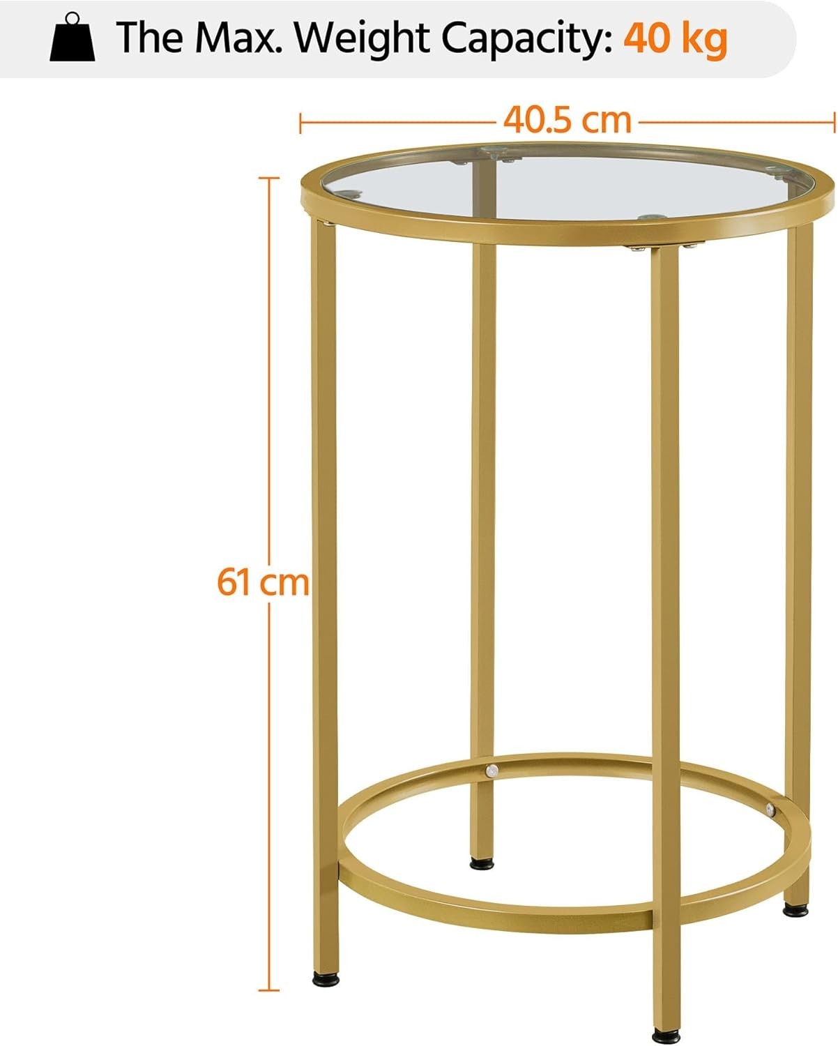 Round Tempered Glass Side Table with Metal Frame, 40.5cm Top, Durable & Stylish