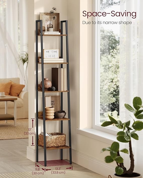 5-Tier Narrow Ladder Shelf Rustic Brown Industrial Tall Bookcase Storage Unit