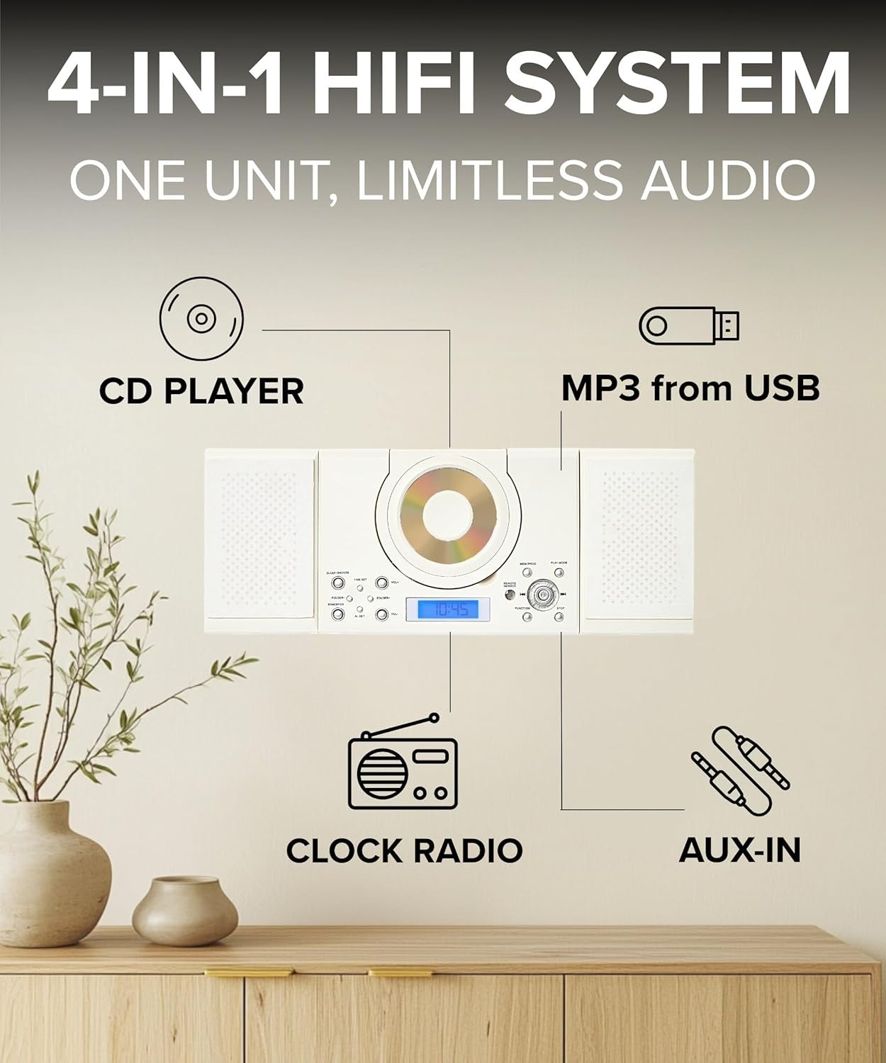 Wall Mount CD Player Stereo System USB MP3 FM Radio Alarm Remote Control White