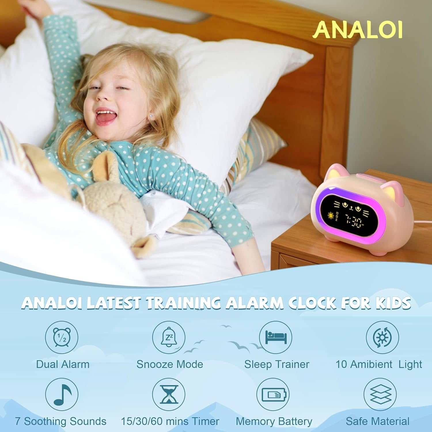Kids Alarm Clock Sleep Training Night Light Dual Alarm Snooze LED