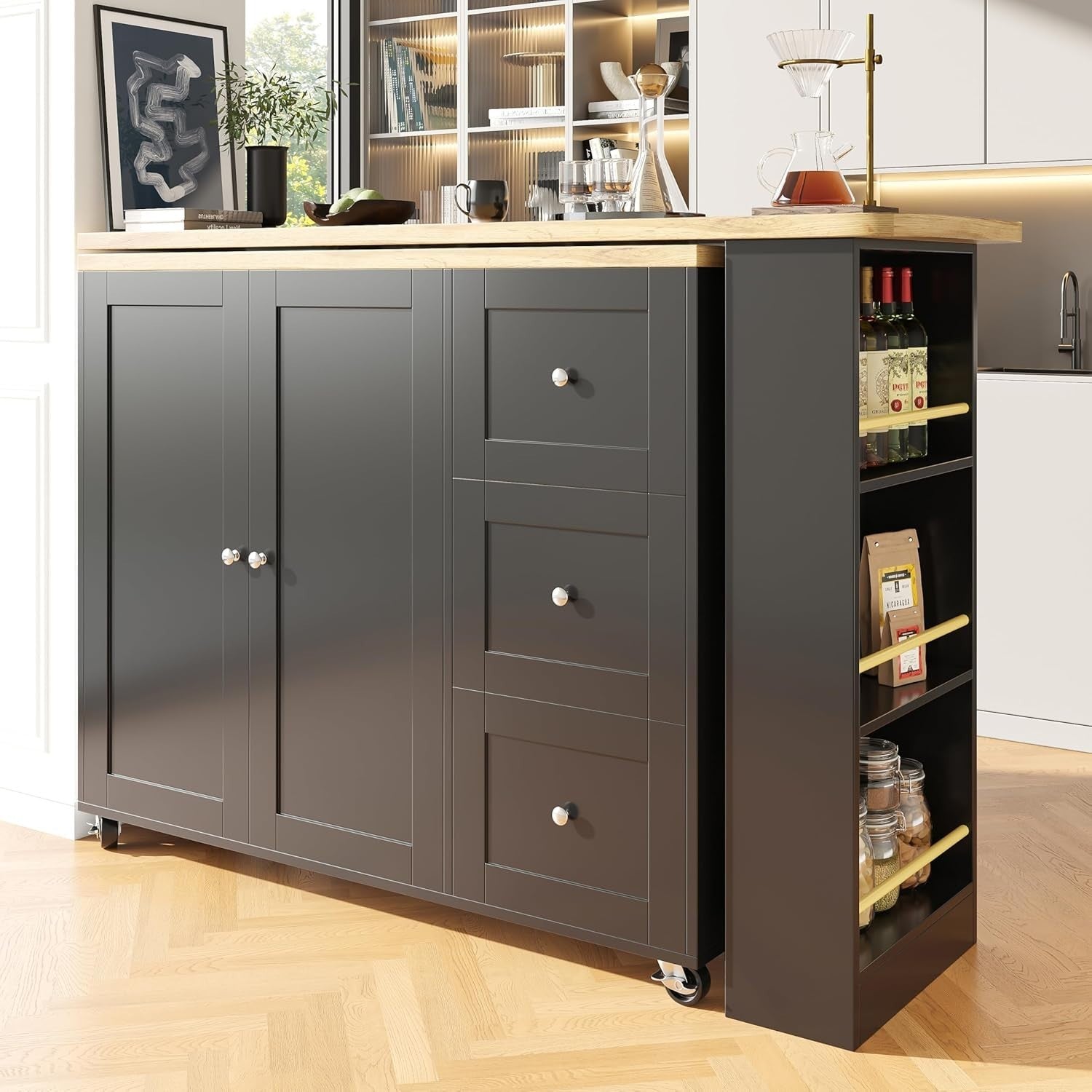 Mobile Kitchen Island w/ 3 Drawers, 360° Swivel & Storage Shelves 209cm