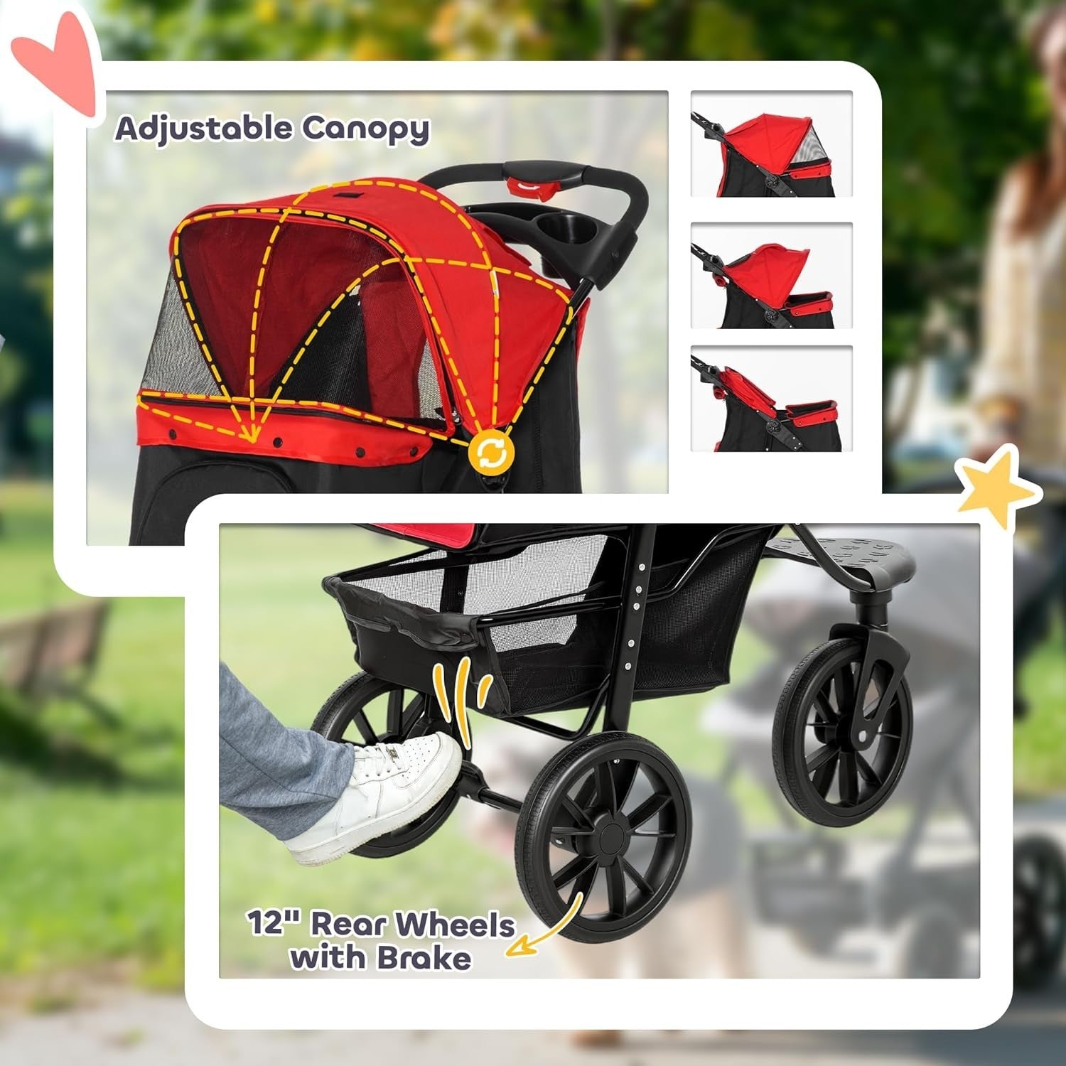 Foldable 3-Wheel Dog Stroller Red Pet Pram Small Dogs Cats Jogging Pushchair