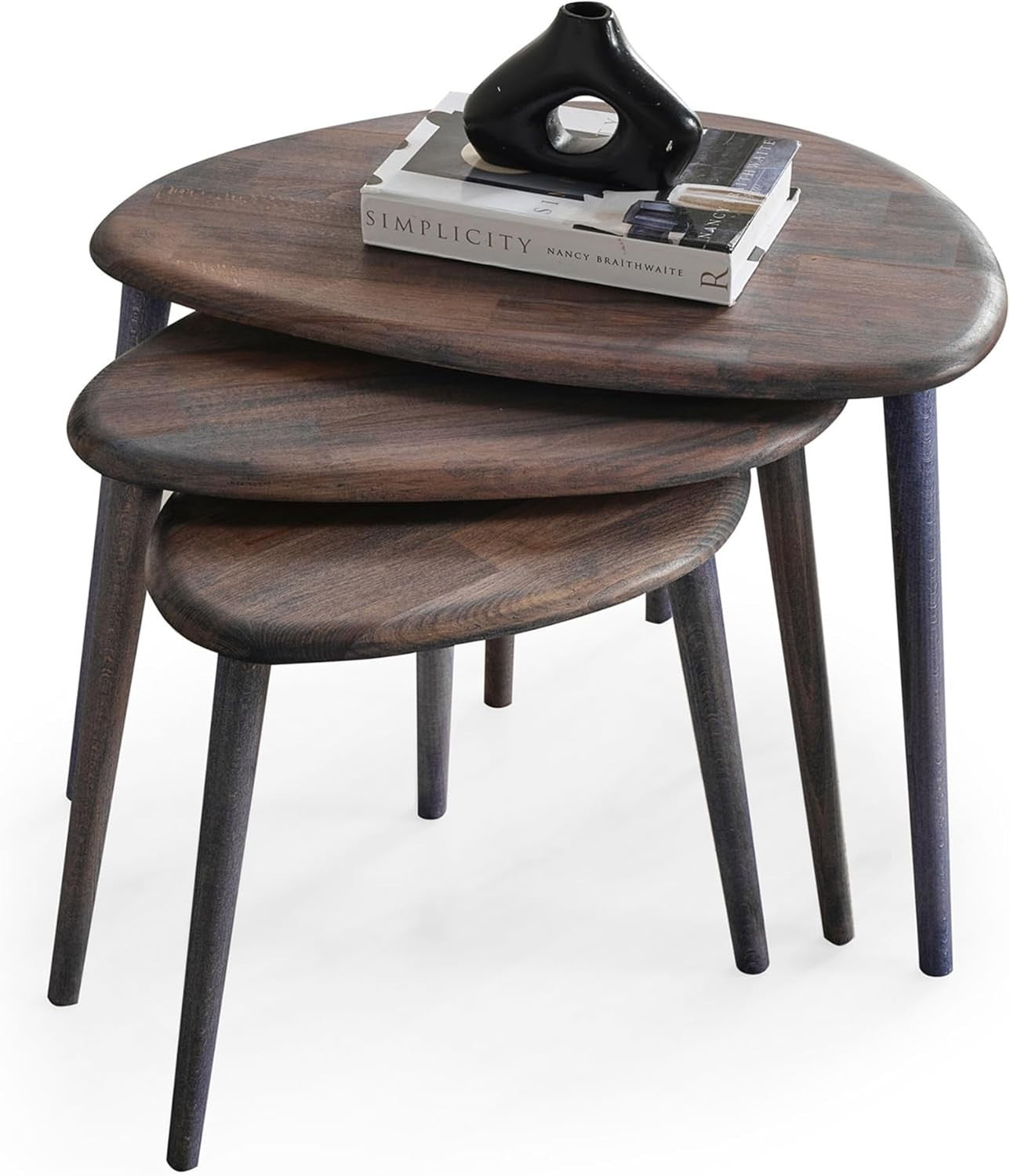Mid-Century Modern Wood Nesting Coffee Table Set 3 Anthracite Oval Side End
