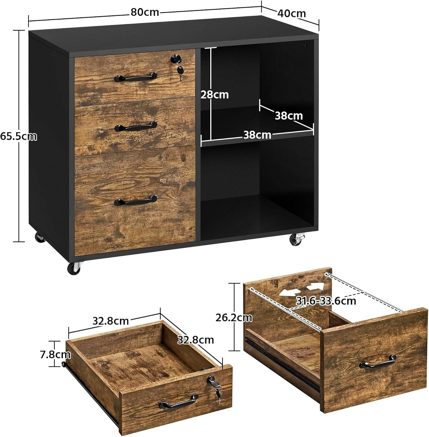 Rolling Mobile Filing Cabinet with Lockable Drawers Printer Stand 80x40x65cm