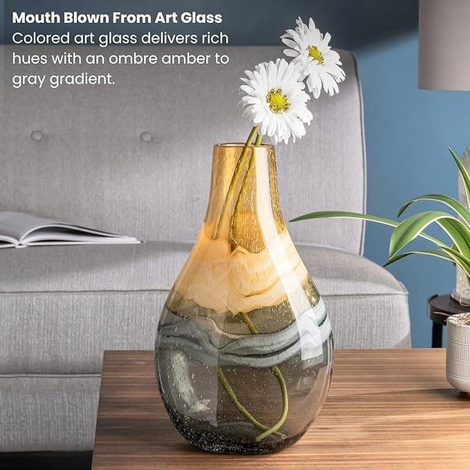 Amber Hand Blown Glass Vase 36cm Modern Coastal Table Centerpiece Decor
