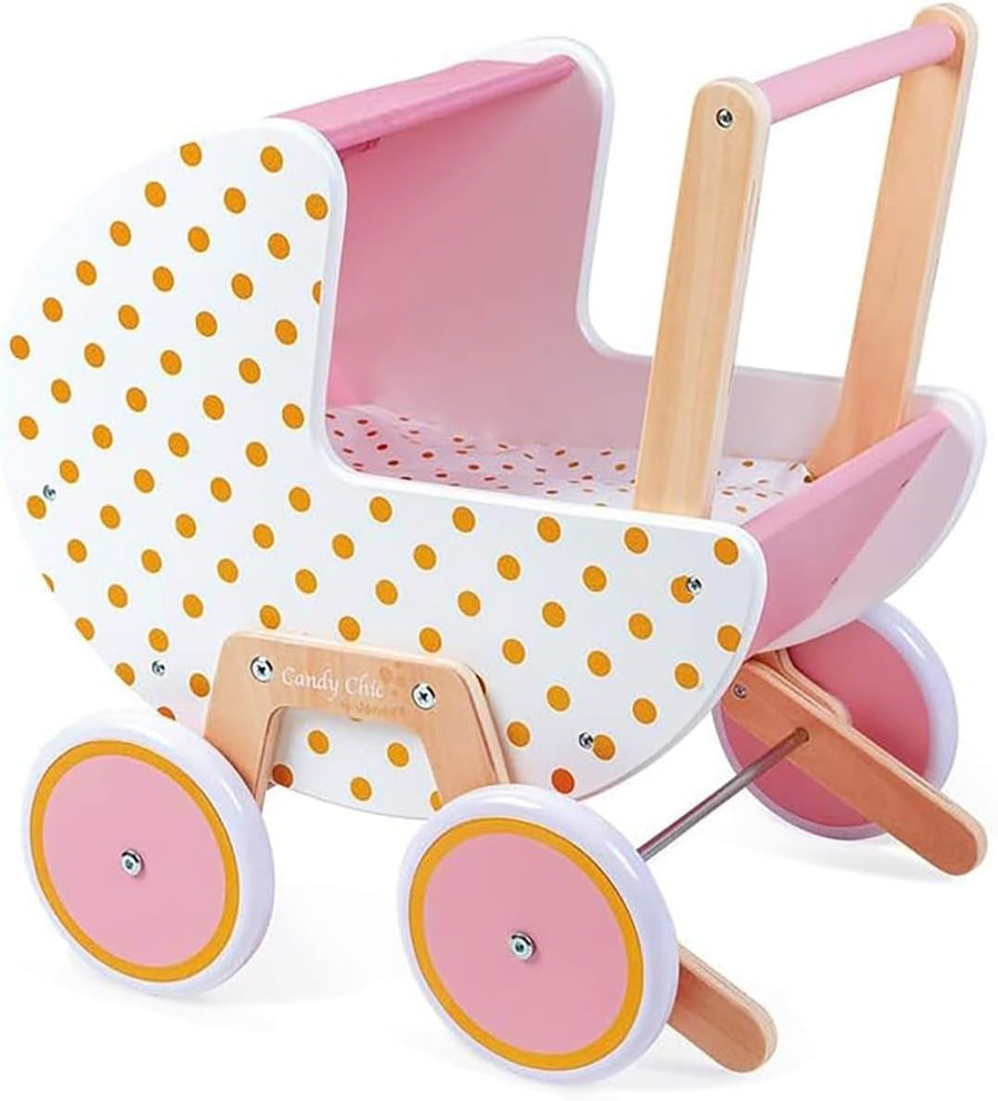Wooden Candy Chic Doll Pram Pink/White with Pillow & Blanket Quiet Rubber Wheels