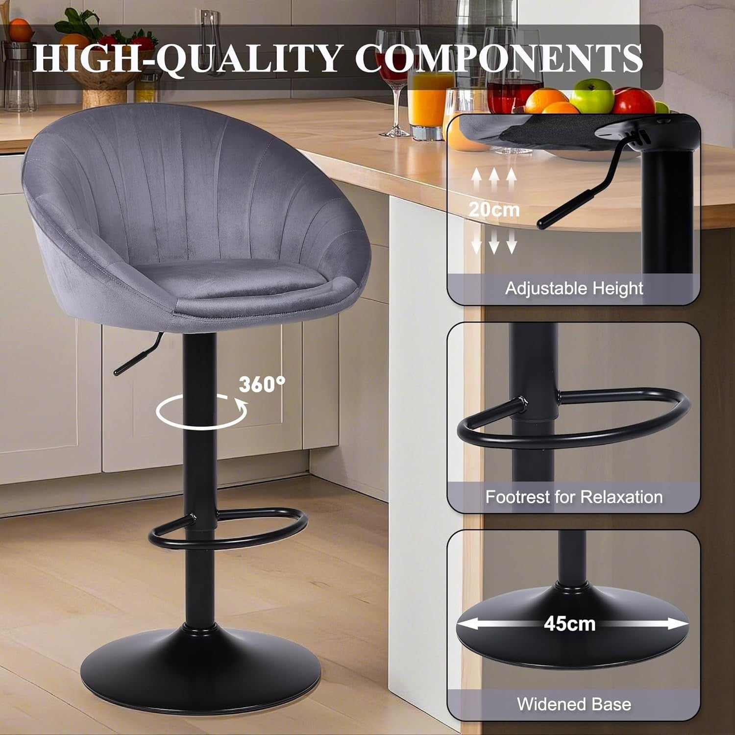 4PC Velvet Bar Stools Grey – Height Adjustable Swivel Kitchen Chairs