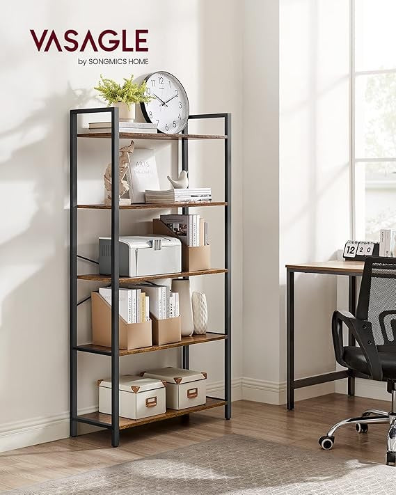 5-Tier Industrial Bookshelf Rustic Brown Metal Wood Storage Shelving Unit