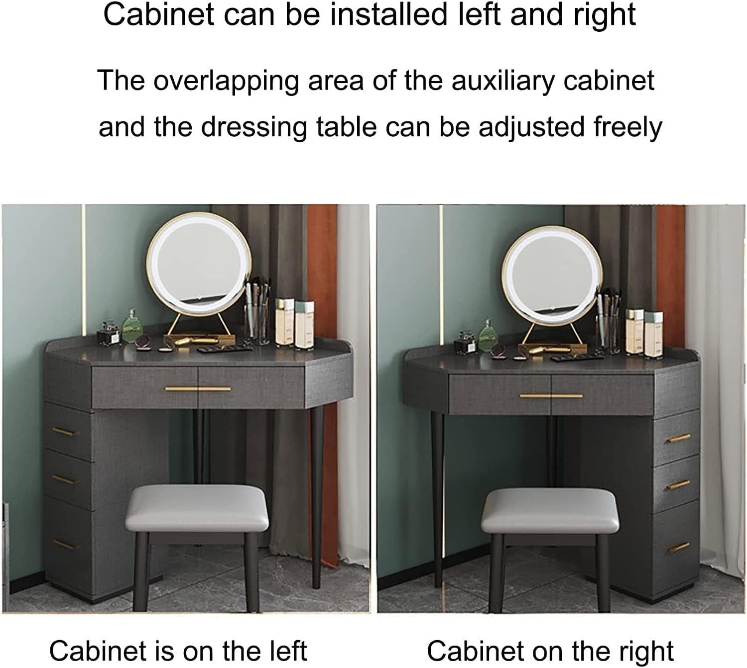 ZUMAHA Furniture Corner Design Vanity Desk, Dressing Table with 5 Drawers & LED