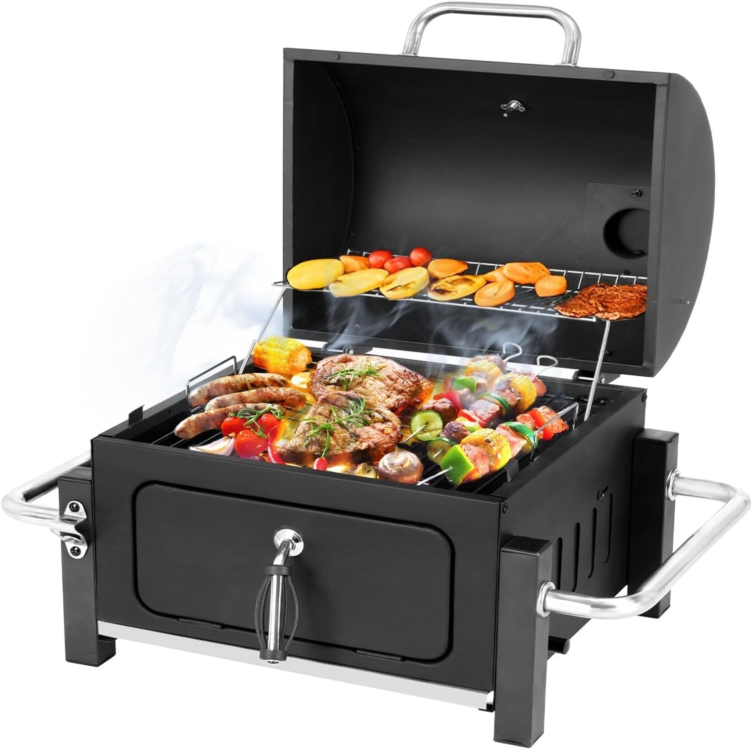 Portable Charcoal BBQ Grill with Chimney Lid & Thermometer for Camping & Patios