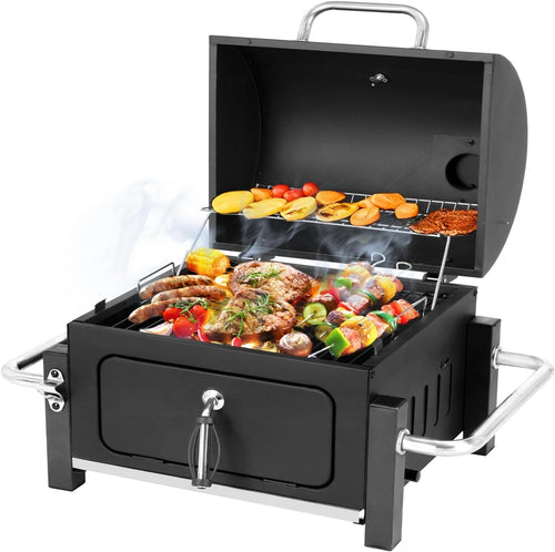 Portable Charcoal BBQ Grill with Chimney Lid & Thermometer for Camping & Patios
