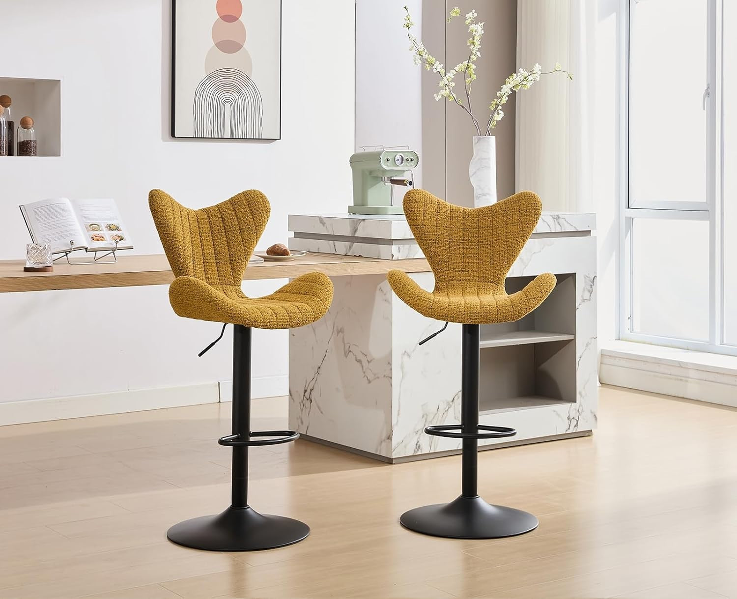Yellow Wing-Back Bar Stools Set of 2 | Chenille Seat, Swivel & Adjustable