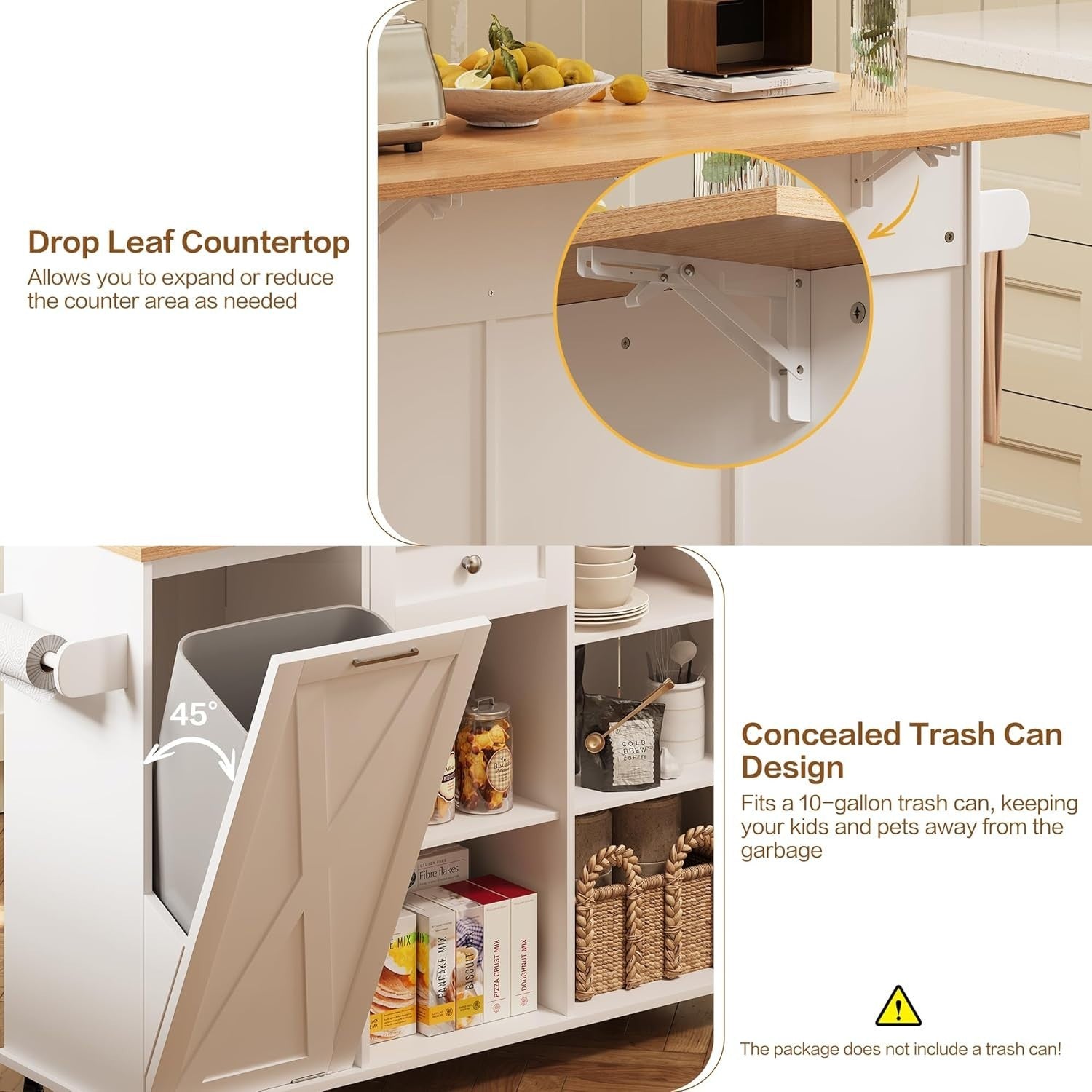 Rolling Kitchen Island Cart with Drop-Leaf, Trash Storage & Spice Rack, 120x40x8
