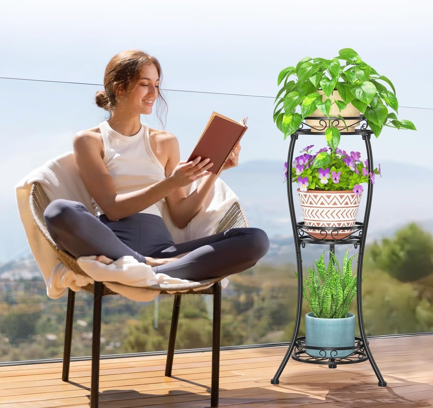 3 Tier Iron Plant Stand Black Flower Pot Display Tower for Patio Balcony