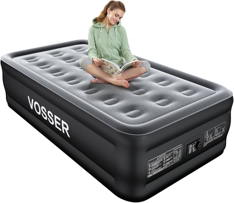 Single Air Mattress Built In Pump 18” Raised 2 Min Inflating Black Air Bed