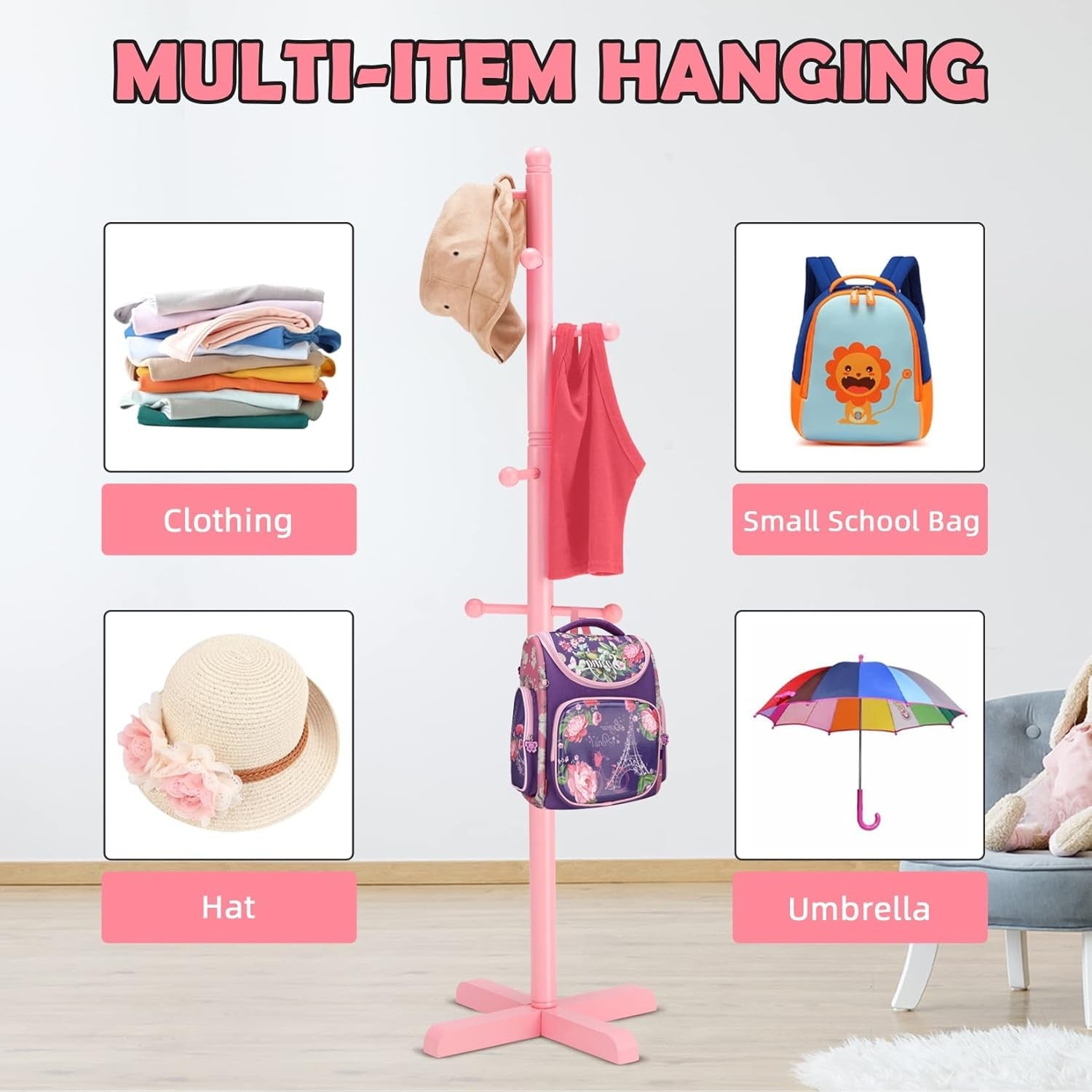 Kids Freestanding Pink Coat Rack | 8 Hooks Adjustable Wooden Tree Stand