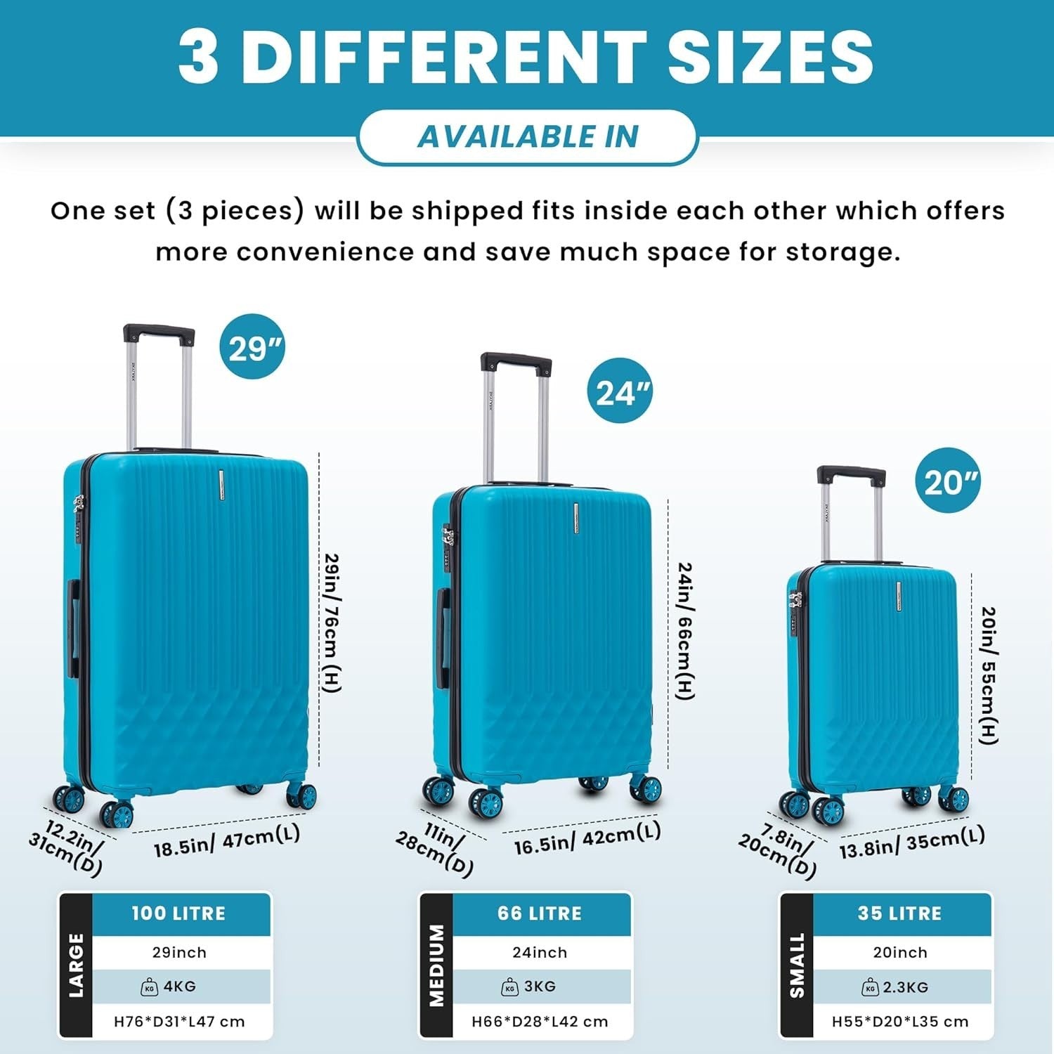 24 Inch Medium ABS Suitcase Lightweight Hard Shell 4 Spinner Wheels 66L